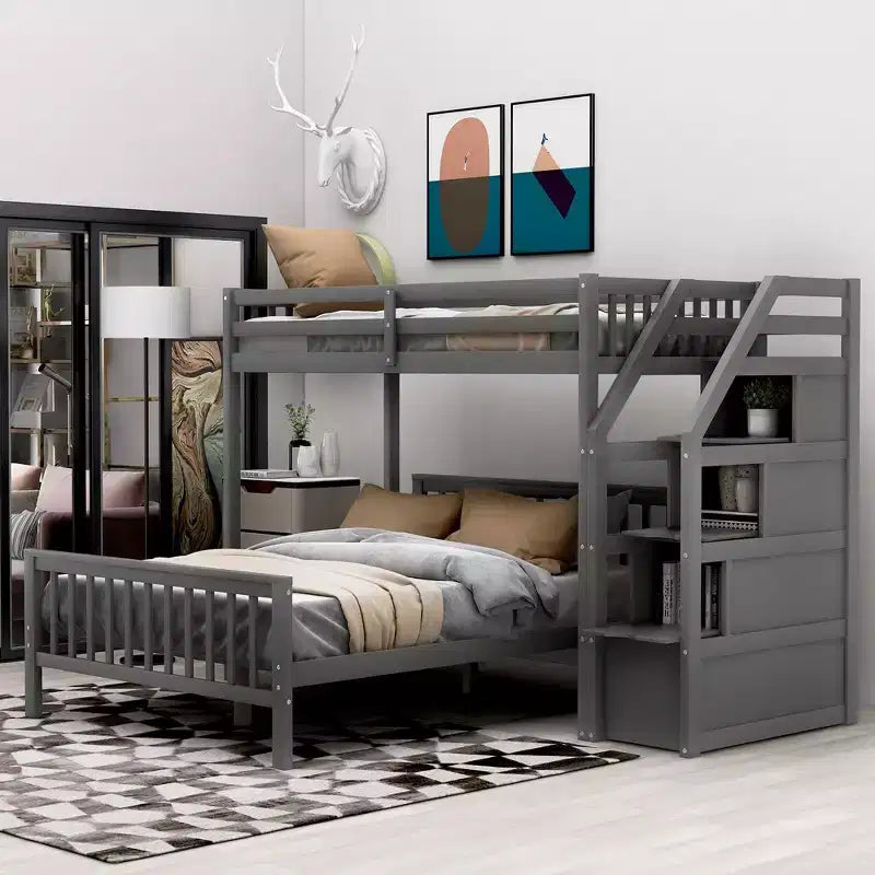 Twin Over Full Bunk Bed With Storage Staircases, Wooden Loft Bed Frame For Kids Teens Bedroom Guest Room Furniture No Box Spring Needed Easy Assembly