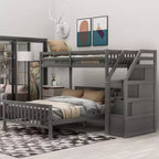 Lit superposé jumeau sur grand lit avec escaliers de rangement, cadre de lit mezzanine en bois pour enfants, adolescents, chambre d'amis, aucun sommier tapissier requis, montage facile