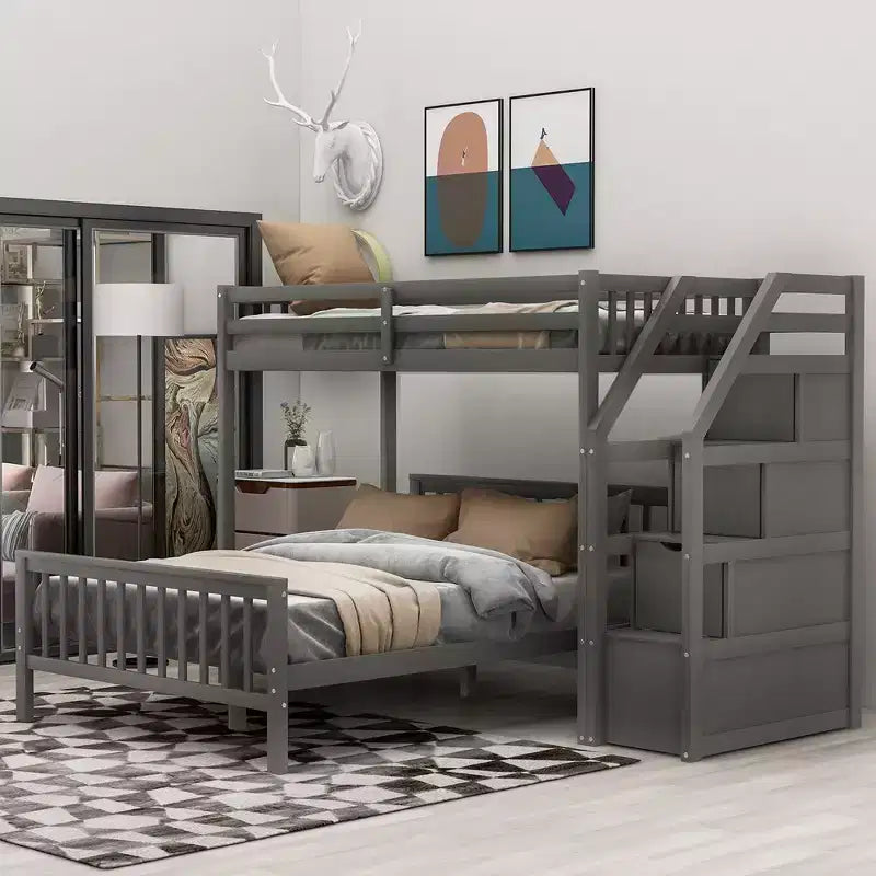 Lit superposé jumeau sur grand lit avec escaliers de rangement, cadre de lit mezzanine en bois pour enfants, adolescents, chambre d'amis, aucun sommier tapissier requis, montage facile