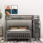 Lit superposé jumeau sur grand lit avec escaliers de rangement, cadre de lit mezzanine en bois pour enfants, adolescents, chambre d'amis, aucun sommier tapissier requis, montage facile