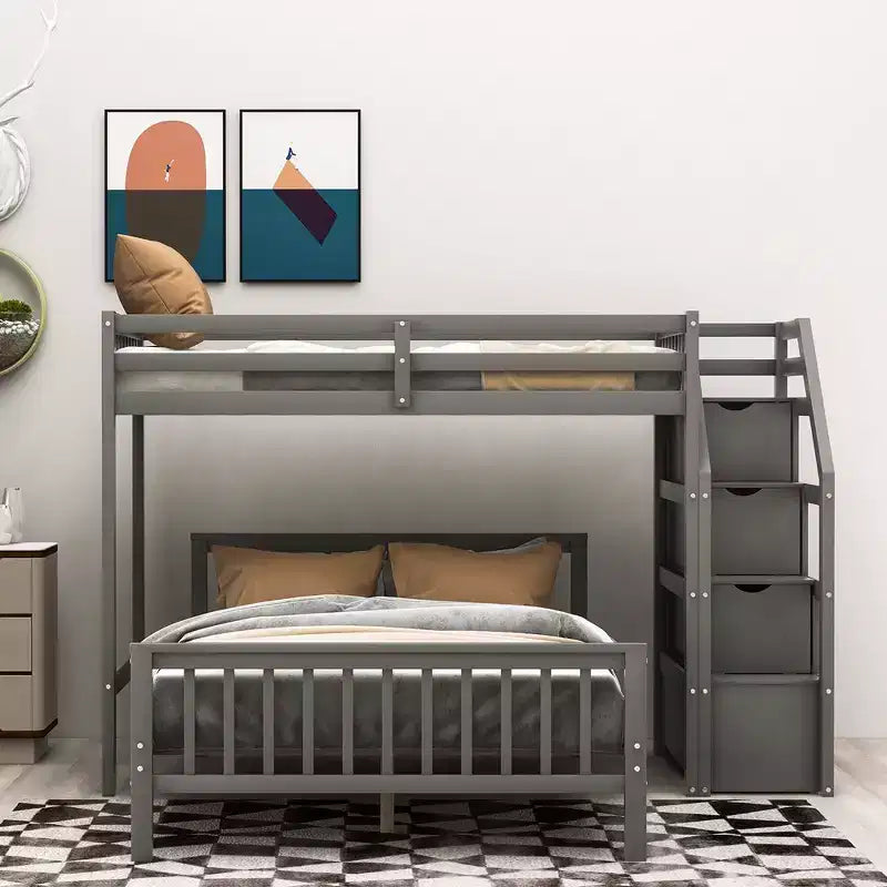 Lit superposé jumeau sur grand lit avec escaliers de rangement, cadre de lit mezzanine en bois pour enfants, adolescents, chambre d'amis, aucun sommier tapissier requis, montage facile