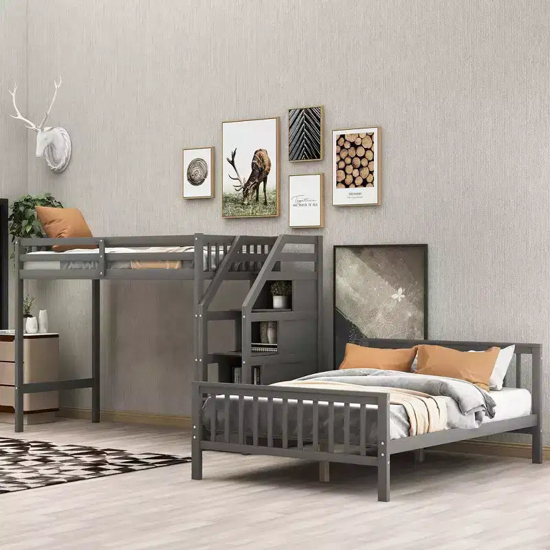Lit superposé jumeau sur grand lit avec escaliers de rangement, cadre de lit mezzanine en bois pour enfants, adolescents, chambre d'amis, aucun sommier tapissier requis, montage facile
