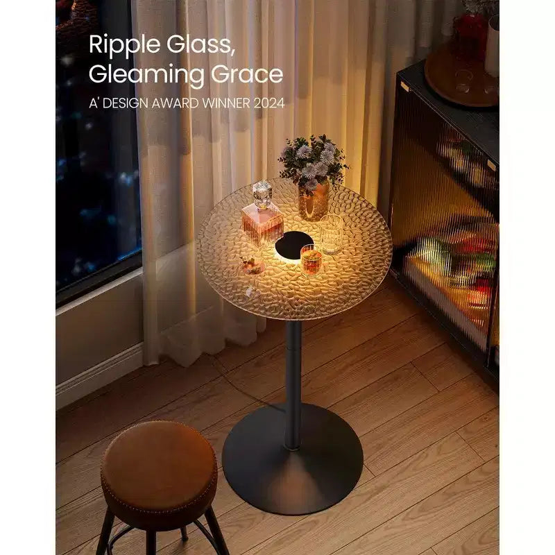 VASAGLE Table de bar, Table cocktail ronde avec plateau en verre, Grande base en acier, Table de bistrot de 105 cm de haut pour cuisine