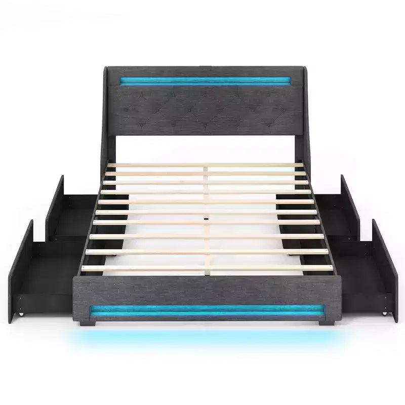 Costway Full/Queen Size Bed Frame with LED Lights & Charging Station Upholstered Platform Bed