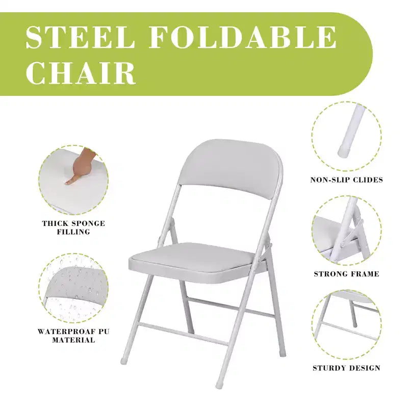 SUGIFT Lot de 4 chaises pliantes avec sièges rembourrés, structure en métal avec assise et dossier en cuir PU, blanc