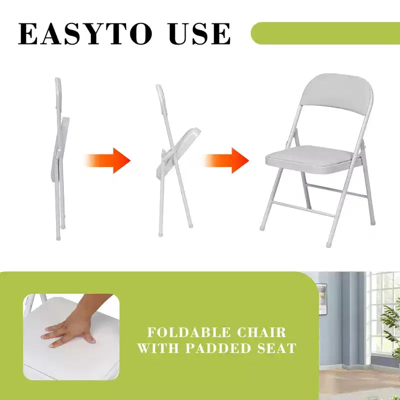 SUGIFT Lot de 4 chaises pliantes avec sièges rembourrés, structure en métal avec assise et dossier en cuir PU, blanc