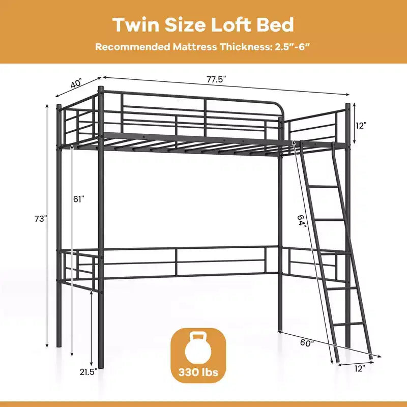 Lit mezzanine double en métal Costway, lit superposé simple avec garde-corps pleine longueur