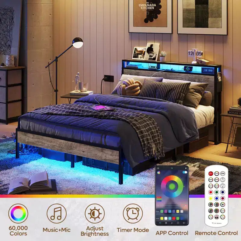 Cadre de lit Bestier Queen avec tête de lit, plateforme à deux lumières LED en métal avec station de recharge et rangement à 2 niveaux, antidérapant, sans bruit