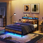 Cadre de lit Bestier Queen avec tête de lit, plateforme à deux lumières LED en métal avec station de recharge et rangement à 2 niveaux, antidérapant, sans bruit