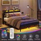 Cadre de lit Bestier Queen avec tête de lit, plateforme à deux lumières LED en métal avec station de recharge et rangement à 2 niveaux, antidérapant, sans bruit