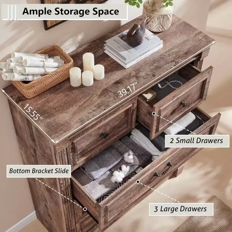 Commode de chambre SinCiDo à 5 tiroirs, commode de ferme de 117 cm de haut avec colonnes romaines