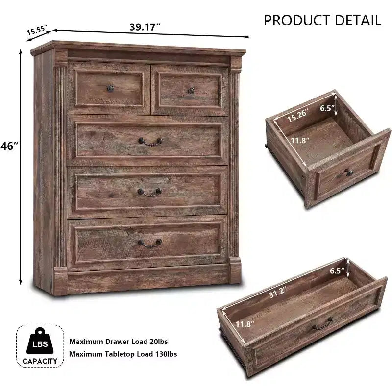 Commode de chambre SinCiDo à 5 tiroirs, commode de ferme de 117 cm de haut avec colonnes romaines