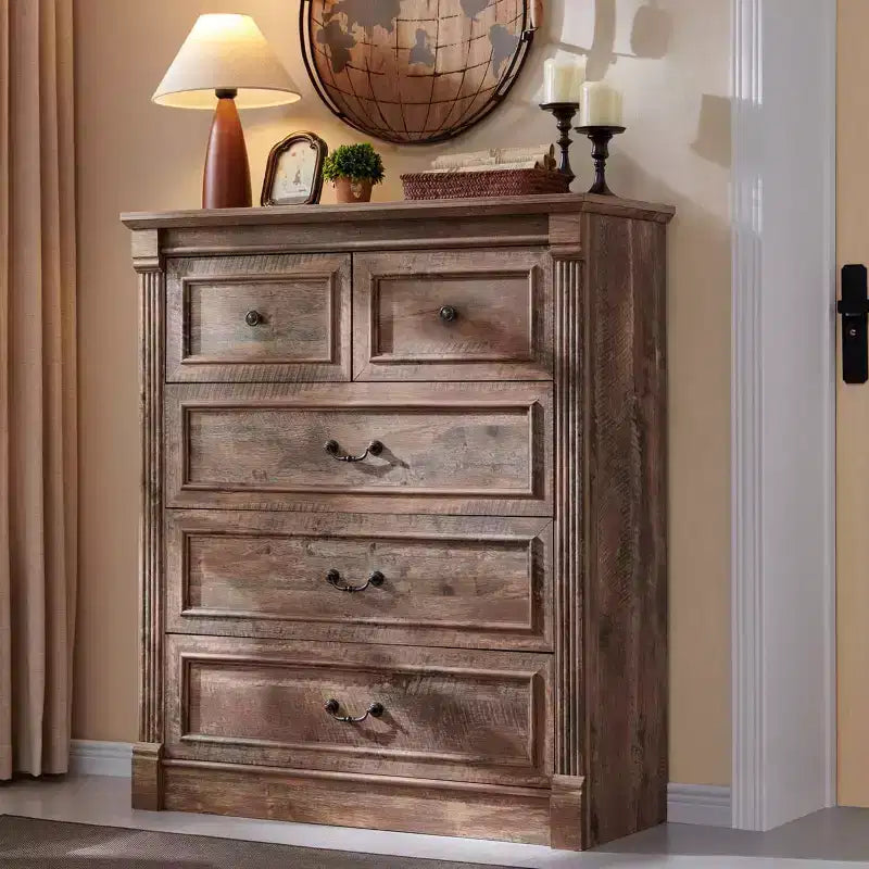 Commode de chambre SinCiDo à 5 tiroirs, commode de ferme de 117 cm de haut avec colonnes romaines