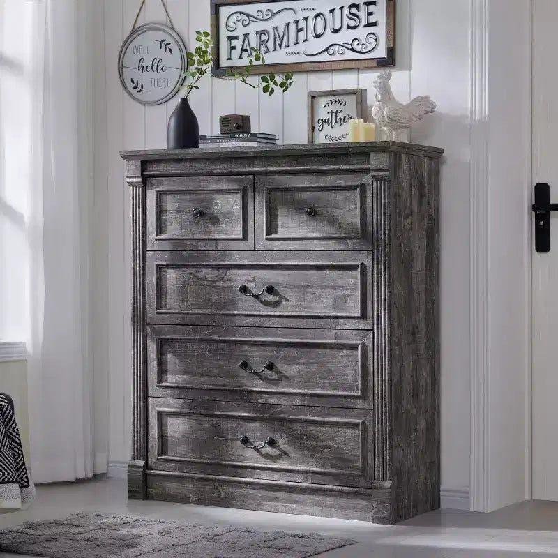 Commode de chambre SinCiDo à 5 tiroirs, commode de ferme de 117 cm de haut avec colonnes romaines