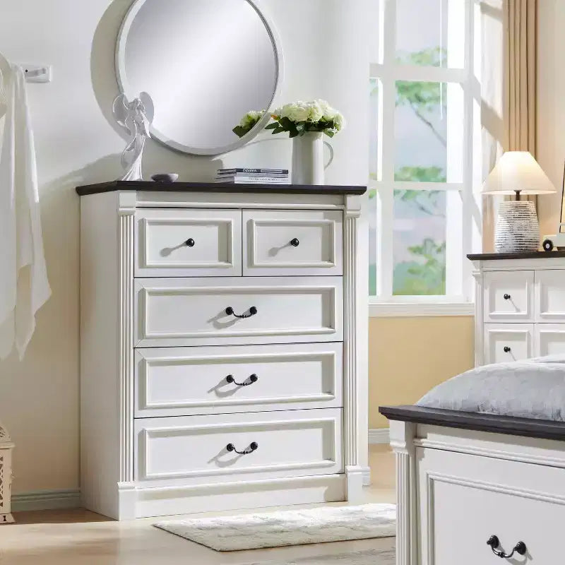 SinCiDo 5 Drawers Dresser for Bedroom, Farmhouse 46 Tall Dressers w/Roman Column