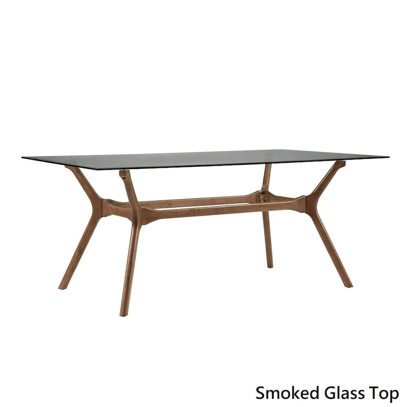 Table de salle à manger rectangulaire du milieu du siècle avec plateau en noyer foncé / verre / verre fumé et pieds effilés – 6 places