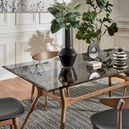 Table de salle à manger rectangulaire du milieu du siècle avec plateau en noyer foncé / verre / verre fumé et pieds effilés – 6 places