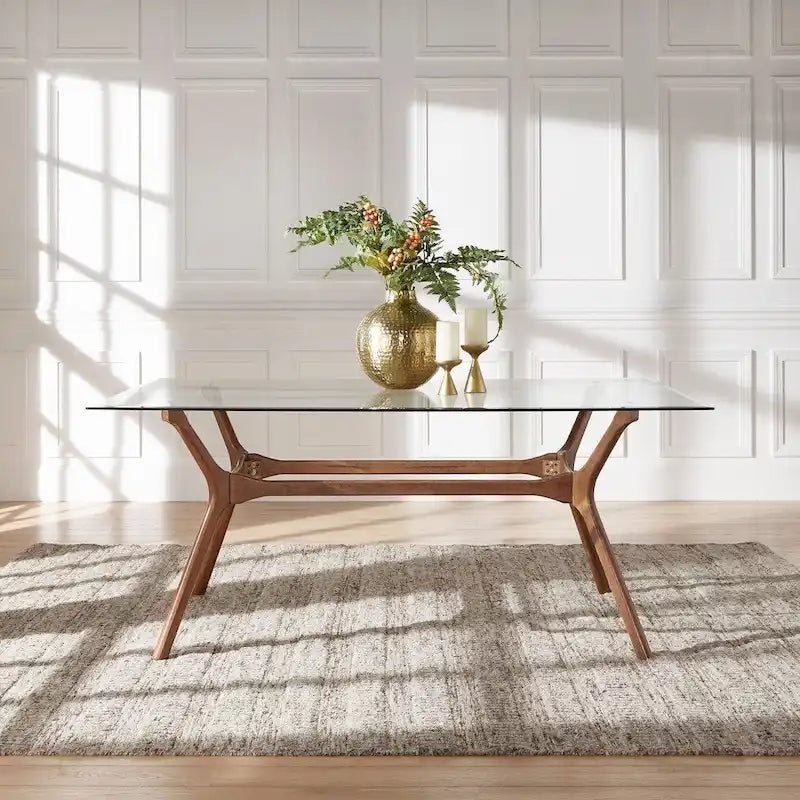 Table de salle à manger rectangulaire du milieu du siècle avec plateau en noyer foncé / verre / verre fumé et pieds effilés – 6 places