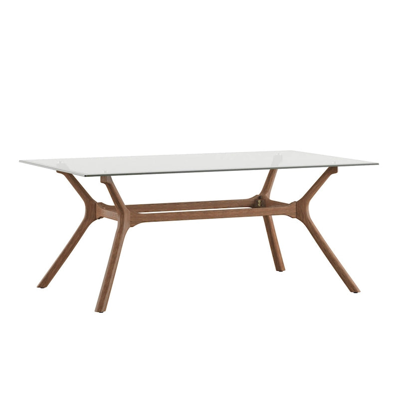 Table de salle à manger rectangulaire du milieu du siècle avec plateau en noyer foncé / verre / verre fumé et pieds effilés – 6 places