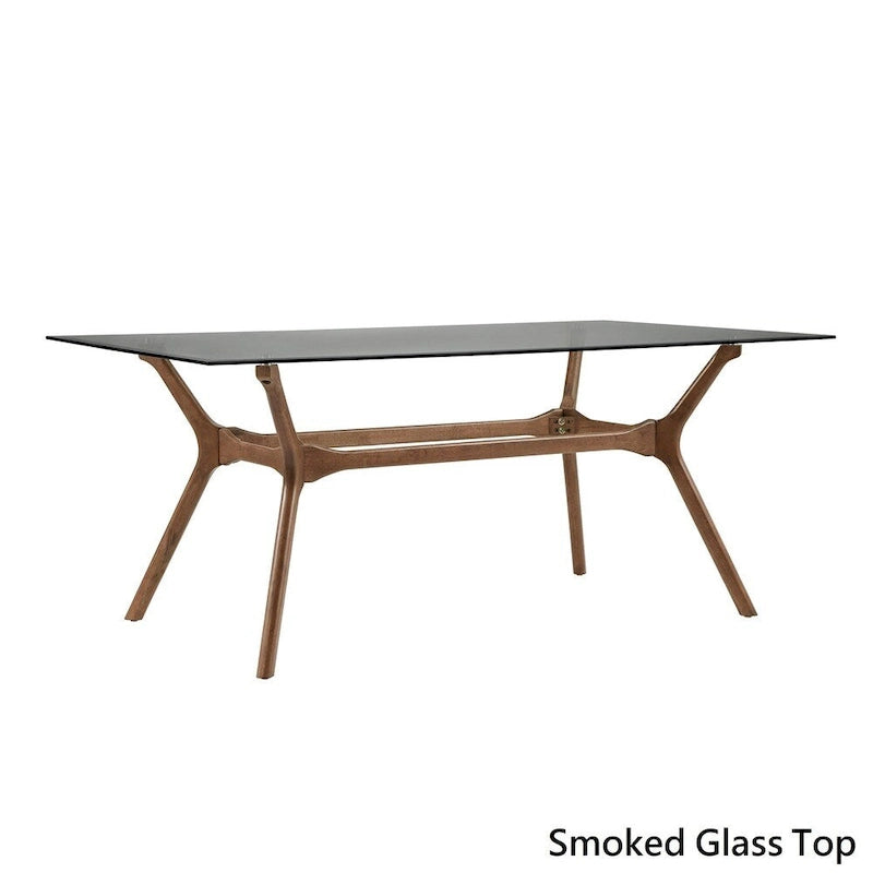 Table de salle à manger rectangulaire du milieu du siècle avec plateau en noyer foncé / verre / verre fumé et pieds effilés – 6 places