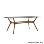 Table de salle à manger rectangulaire du milieu du siècle avec plateau en noyer foncé / verre / verre fumé et pieds effilés – 6 places
