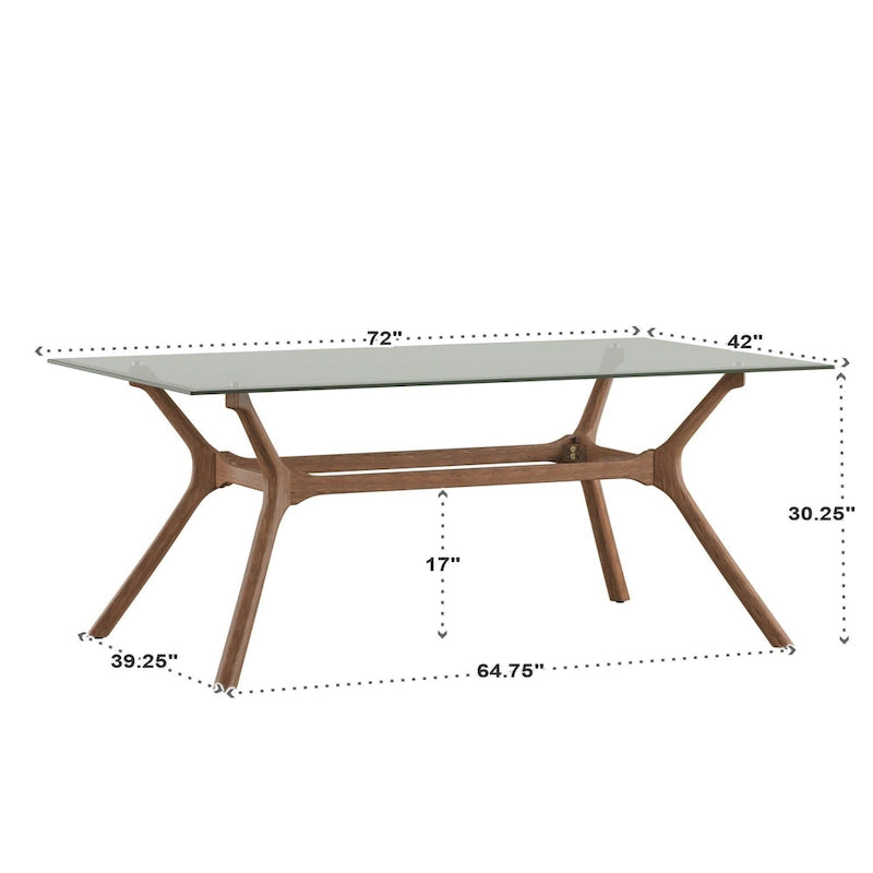 Table de salle à manger rectangulaire du milieu du siècle avec plateau en noyer foncé / verre / verre fumé et pieds effilés – 6 places