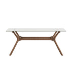 Table de salle à manger rectangulaire du milieu du siècle avec plateau en noyer foncé / verre / verre fumé et pieds effilés – 6 places