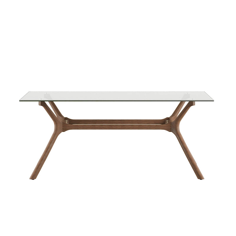 Table de salle à manger rectangulaire du milieu du siècle avec plateau en noyer foncé / verre / verre fumé et pieds effilés – 6 places