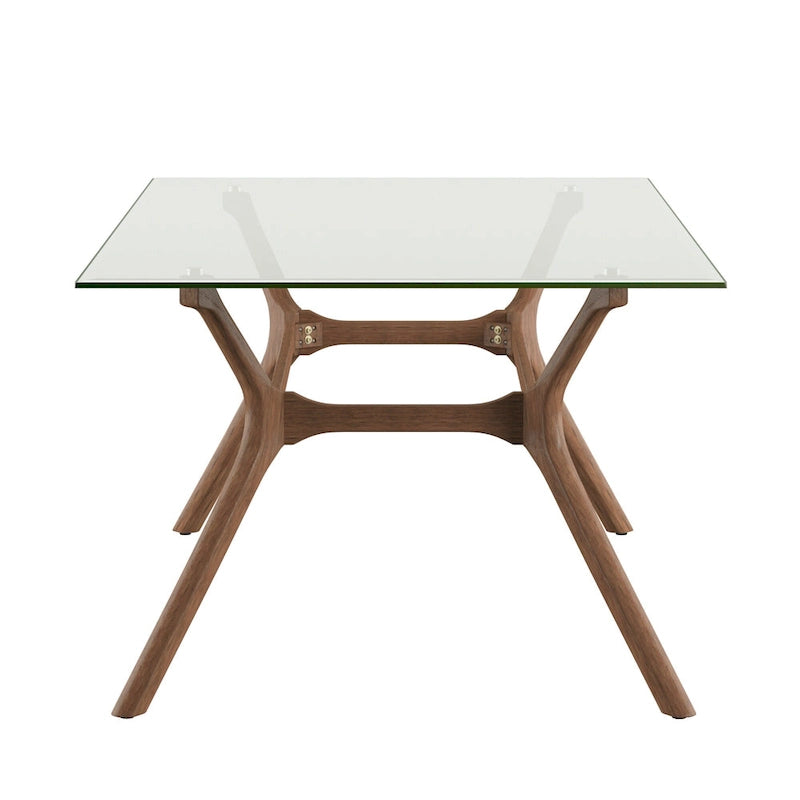 Table de salle à manger rectangulaire du milieu du siècle avec plateau en noyer foncé / verre / verre fumé et pieds effilés – 6 places