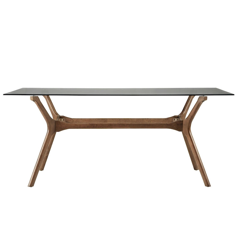 Table de salle à manger rectangulaire du milieu du siècle avec plateau en noyer foncé / verre / verre fumé et pieds effilés – 6 places