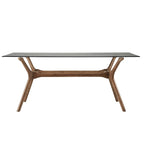 Table de salle à manger rectangulaire du milieu du siècle avec plateau en noyer foncé / verre / verre fumé et pieds effilés – 6 places