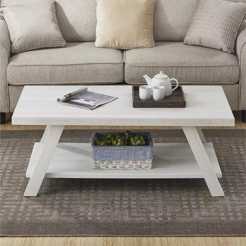 Table basse Roundhill Furniture Athens en bois contemporain avec étagère, finition blanche