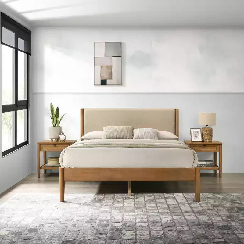 Roundhill Furniture Vichy 3-Piece Rubberwood Bedroom Set, Platform Bed with Two Nightstands