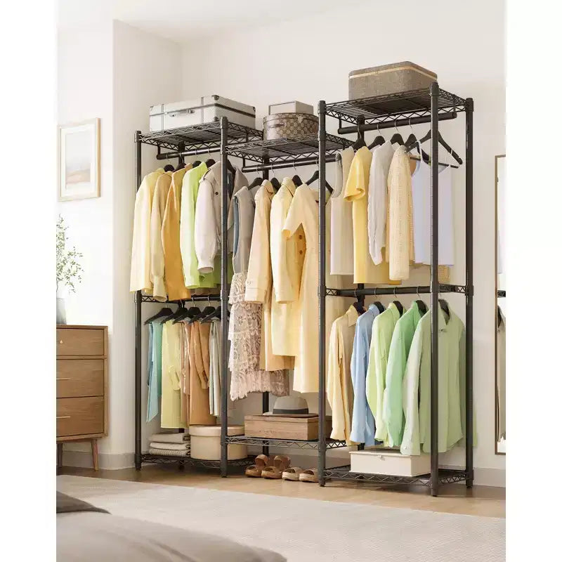 SONGMICS Garment Rack, Heavy-Duty Clothes Rack, Portable Closet Rack, 56.9-Inch Wide Clothing Rack with Adjustable Mesh Shelves, Ink Black