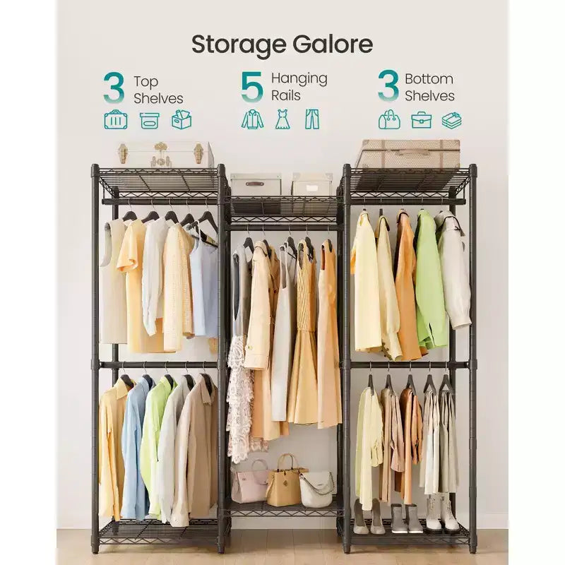 SONGMICS Portant à vêtements, Portant à vêtements robuste, Armoire portable, Portant à vêtements de 144,5 cm de large avec étagères en maille réglables, Noir encre