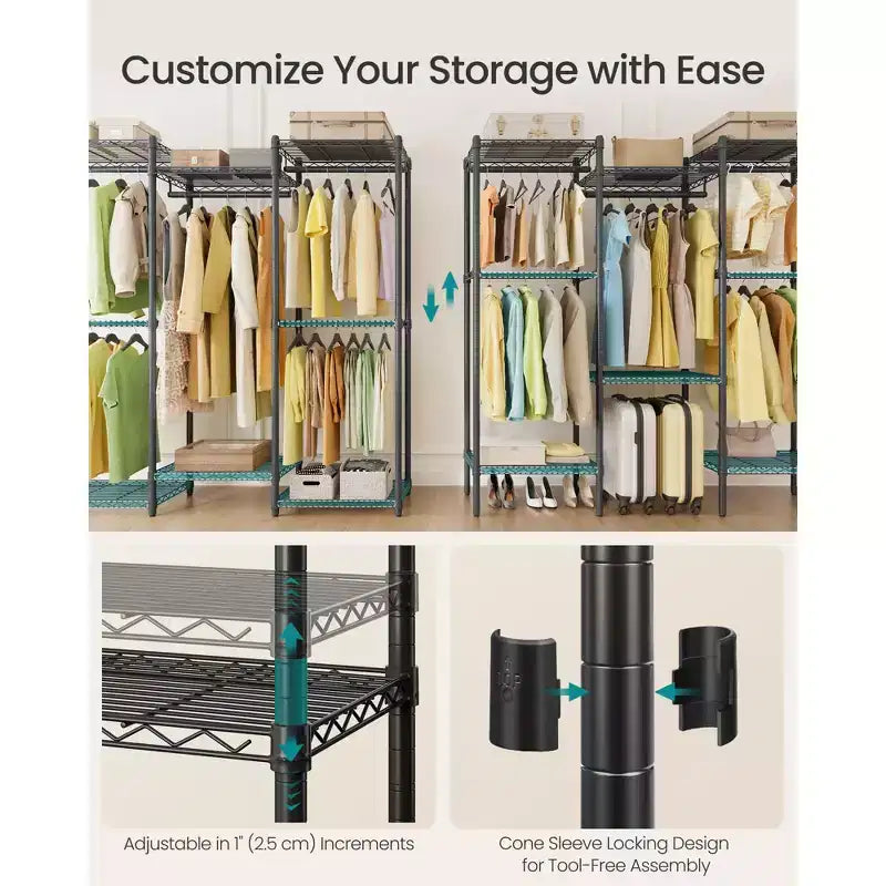 SONGMICS Portant à vêtements, Portant à vêtements robuste, Armoire portable, Portant à vêtements de 144,5 cm de large avec étagères en maille réglables, Noir encre