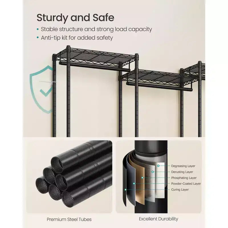 SONGMICS Portant à vêtements, Portant à vêtements robuste, Armoire portable, Portant à vêtements de 144,5 cm de large avec étagères en maille réglables, Noir encre