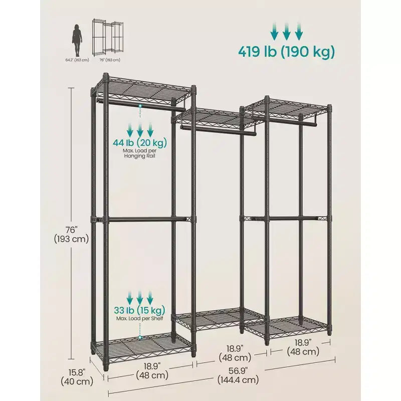 SONGMICS Portant à vêtements, Portant à vêtements robuste, Armoire portable, Portant à vêtements de 144,5 cm de large avec étagères en maille réglables, Noir encre