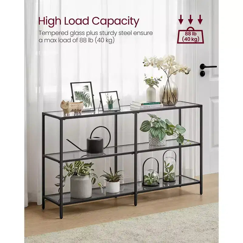 VASAGLE Table Console de 130 cm avec 3 Étagères, Table d'Appoint, Table d'Entrée, Cadre en Métal, Étagère en Verre Trempé, Style Moderne