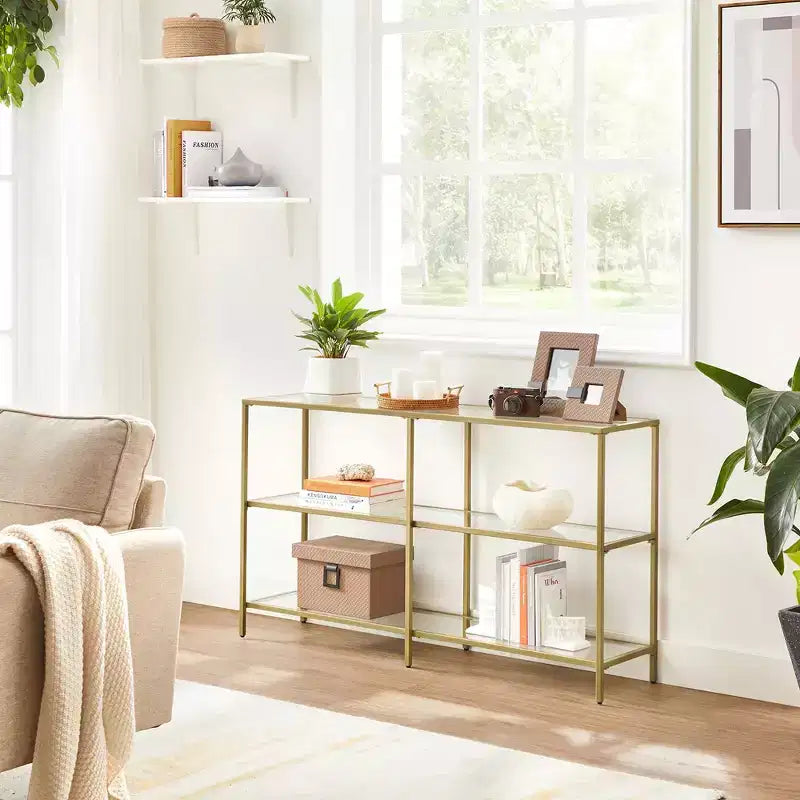 VASAGLE Table Console de 130 cm avec 3 Étagères, Table d'Appoint, Table d'Entrée, Cadre en Métal, Étagère en Verre Trempé, Style Moderne
