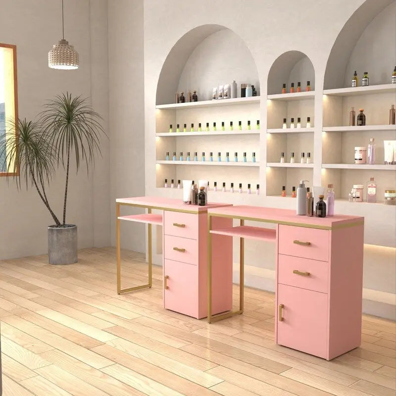 Bureau informatique rose/blanc avec 2 tiroirs et 1 armoire – Unité simple