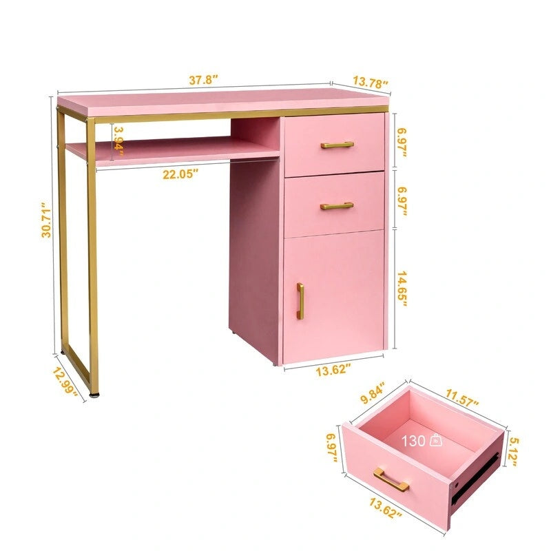 Bureau informatique rose/blanc avec 2 tiroirs et 1 armoire – Unité simple