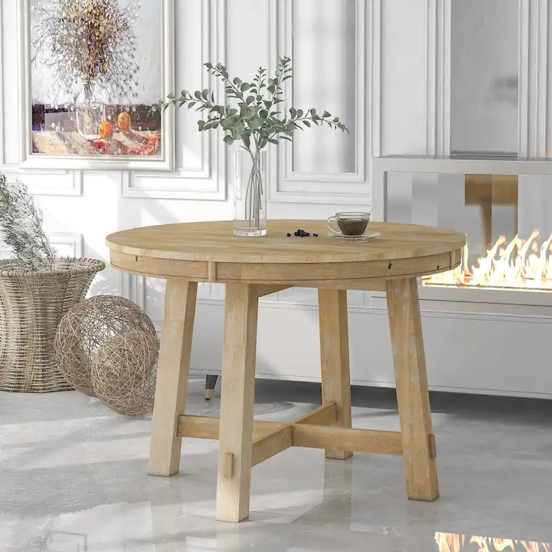 Table à manger extensible ronde en bois Naturel / Espresso avec base en X et rallonge de 40 cm – Jusqu'à 6 places