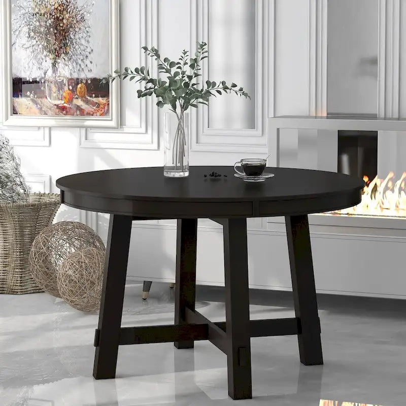 Table à manger extensible ronde en bois Naturel / Espresso avec base en X et rallonge de 40 cm – Jusqu'à 6 places