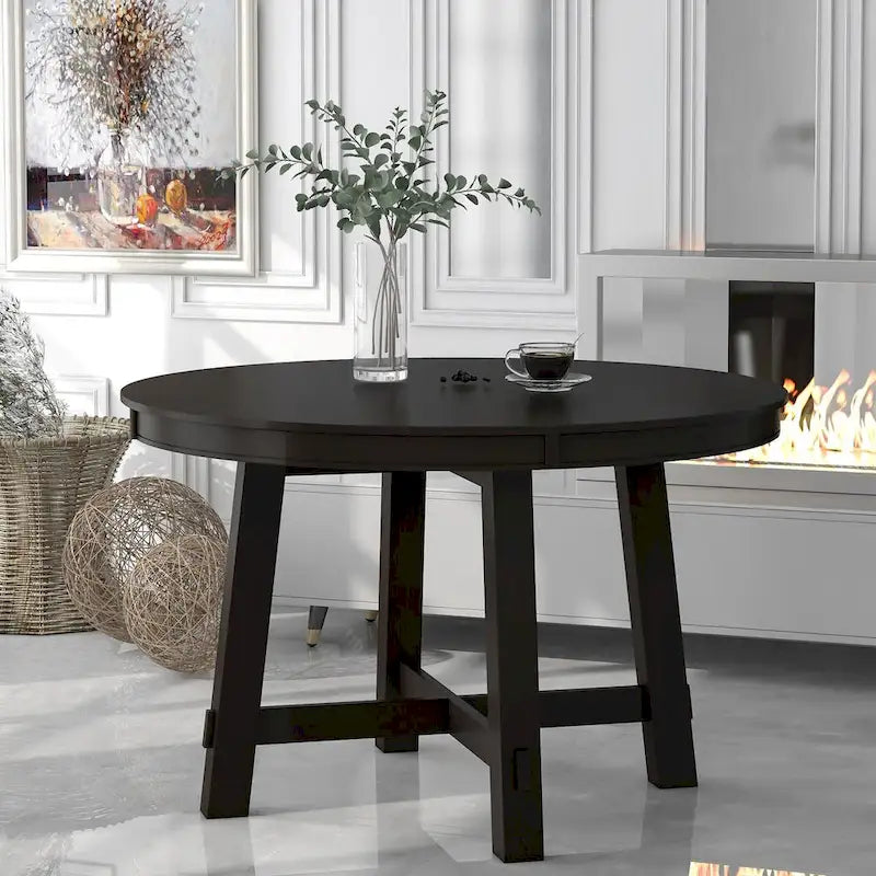 Table à manger extensible ronde en bois Naturel / Espresso avec base en X et rallonge de 40 cm – Jusqu'à 6 places