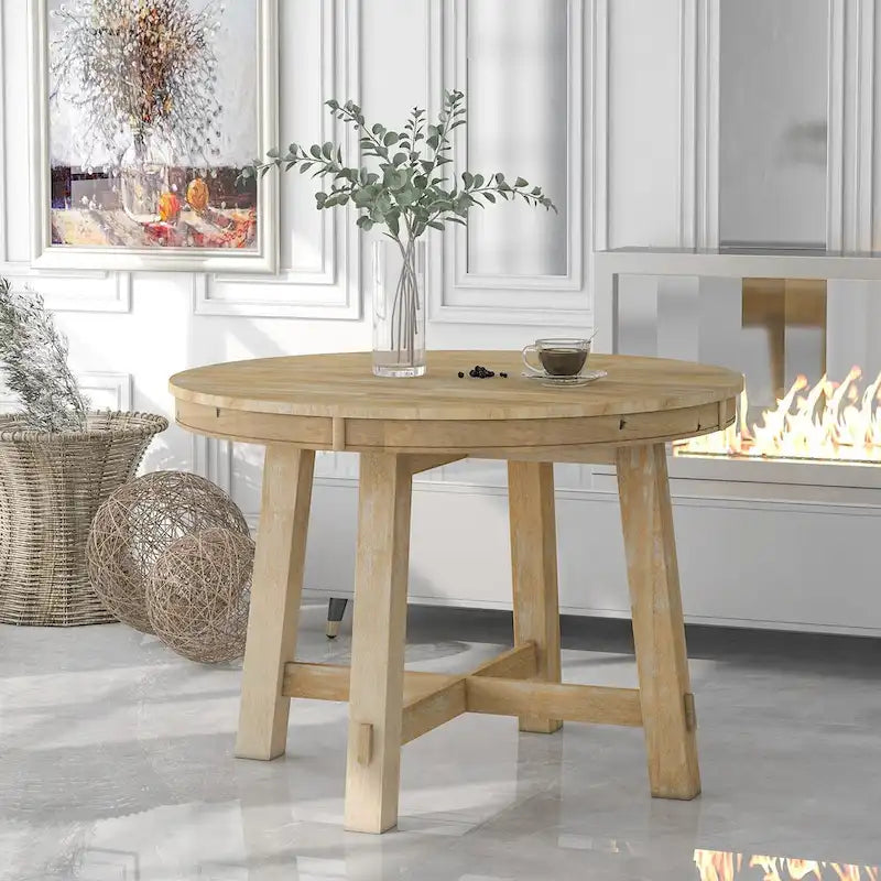Table à manger extensible ronde en bois Naturel / Espresso avec base en X et rallonge de 40 cm – Jusqu'à 6 places
