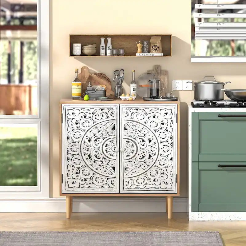 Buffet d'appoint en bois sculpté de style vintage à 2 portes – Une seule unité