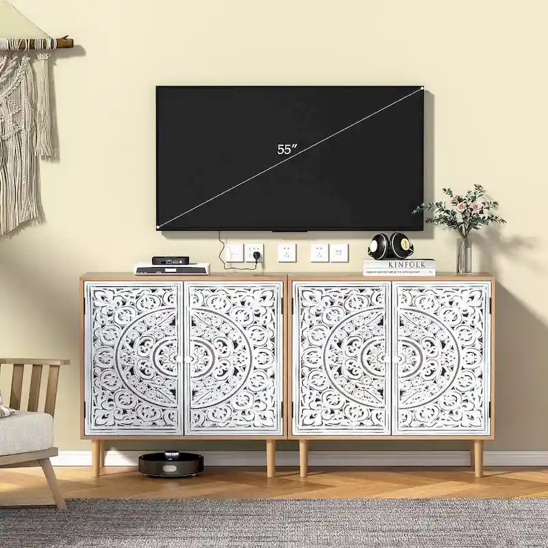 Buffet d'appoint en bois sculpté de style vintage à 2 portes – Une seule unité