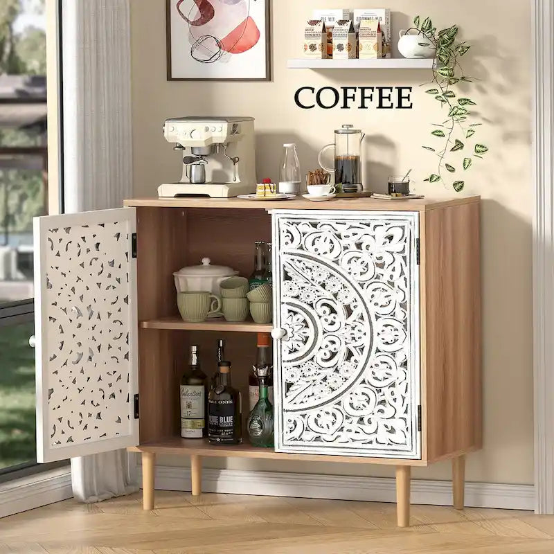 Buffet d'appoint en bois sculpté de style vintage à 2 portes – Une seule unité