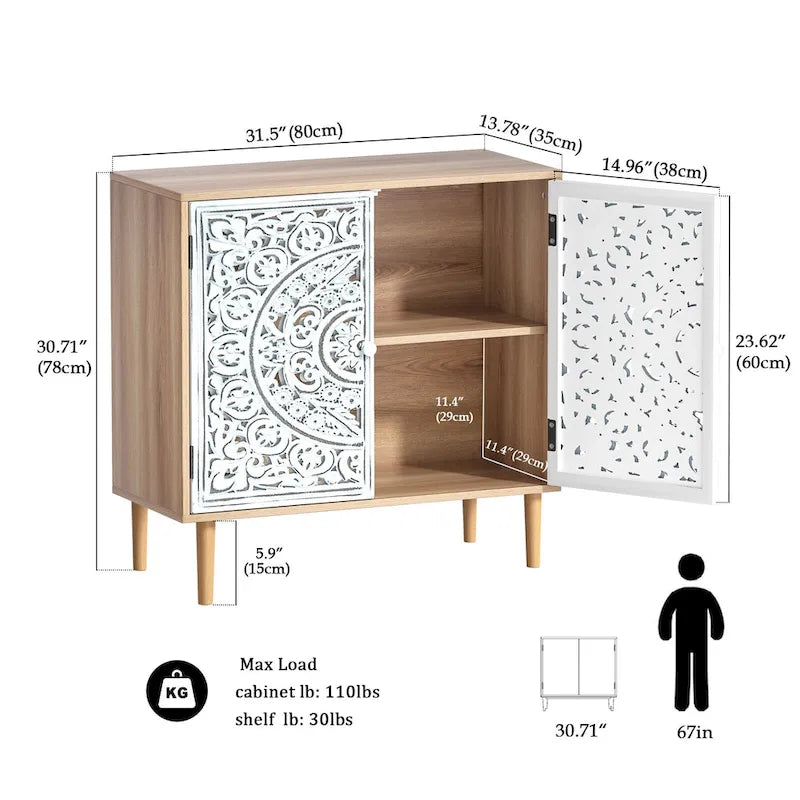 Buffet d'appoint en bois sculpté de style vintage à 2 portes – Une seule unité